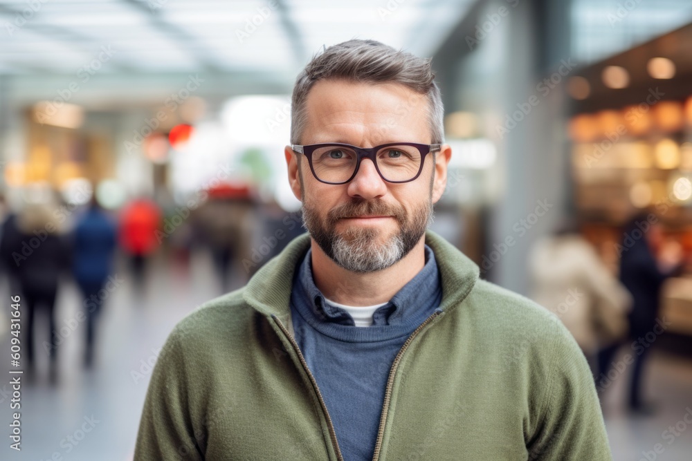 Portrait of handsome mature man with eyeglasses in shopping mall Portrait of handsome mature man with eyeglasses in shopping mall