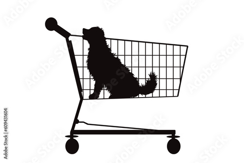 Vector silhouette of dog inside shopping cart on white background. Symbol of pet shop accessories and sale.