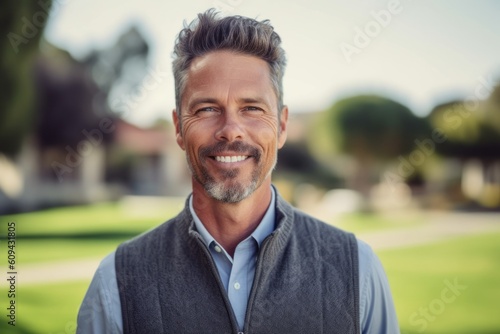 Portrait of handsome mature man smiling in park on a sunny day