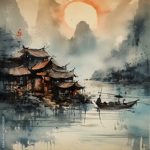chinese temple in the morning, ai generative