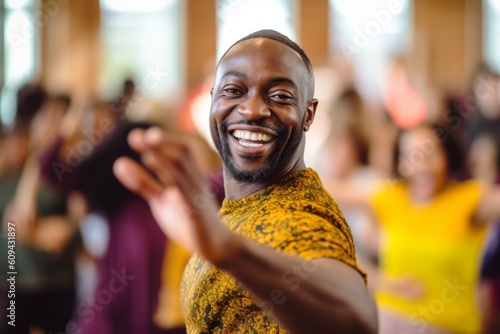 Medium shot portrait photography of a satisfied man in his 30s that is wearing a chic cardigan against an energetic zumba class with participants dancing background . Generative AI