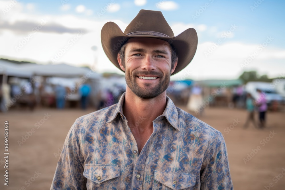 Medium shot portrait photography of a satisfied man in his 30s that is wearing a simple tunic against a rodeo event with cowboys and horses background . Generative AI