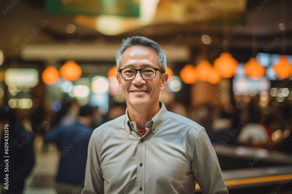 Fototapeta premium Portrait of mature Asian businessman standing in the lobby of a restaurant