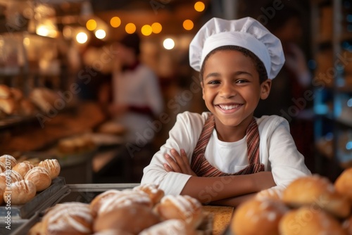 Portrait of smiling little girl with buns in bakery at counter