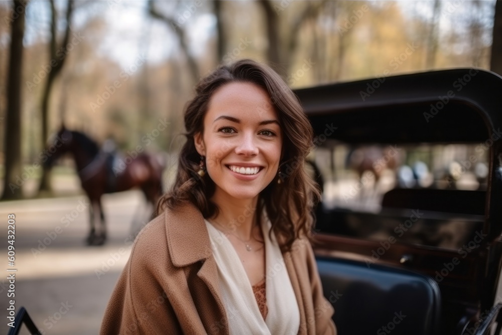 Portrait of a beautiful young woman smiling at camera while sitting in vintage car Portrait of a beautiful young woman smiling at camera while sitting in vintage car