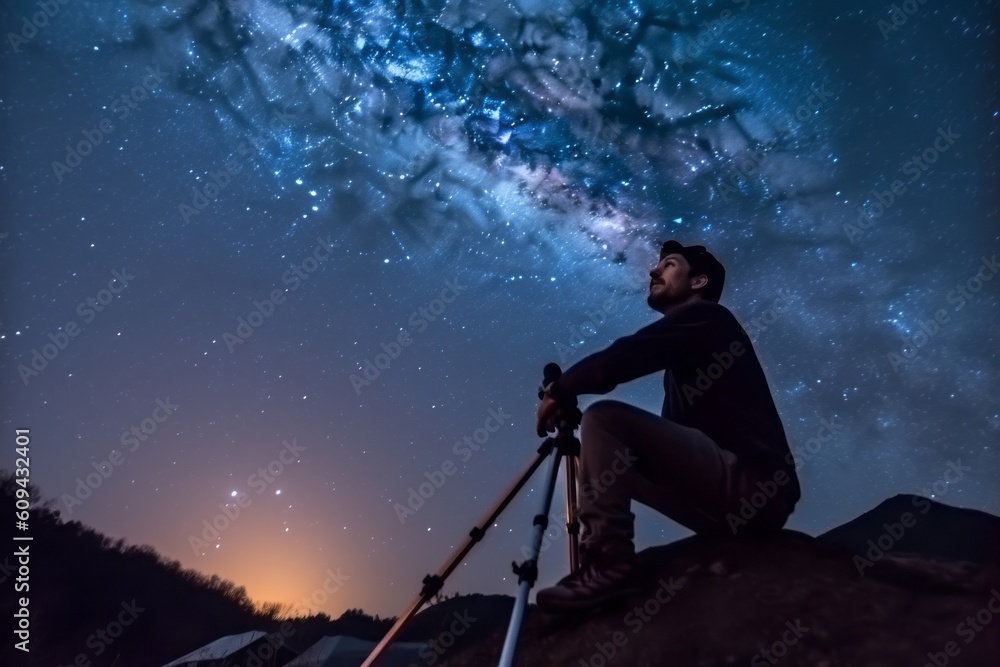 Man sitting on the top of a mountain and watching the milky way