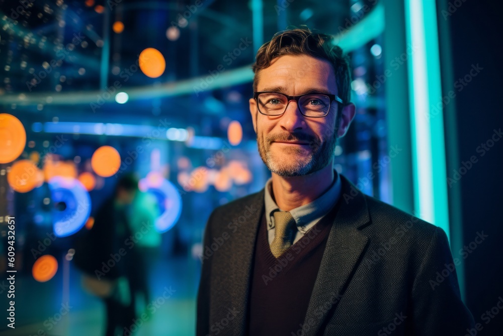 Portrait of a handsome businessman with glasses in front of a night city Portrait of a handsome businessman with glasses in front of a night city