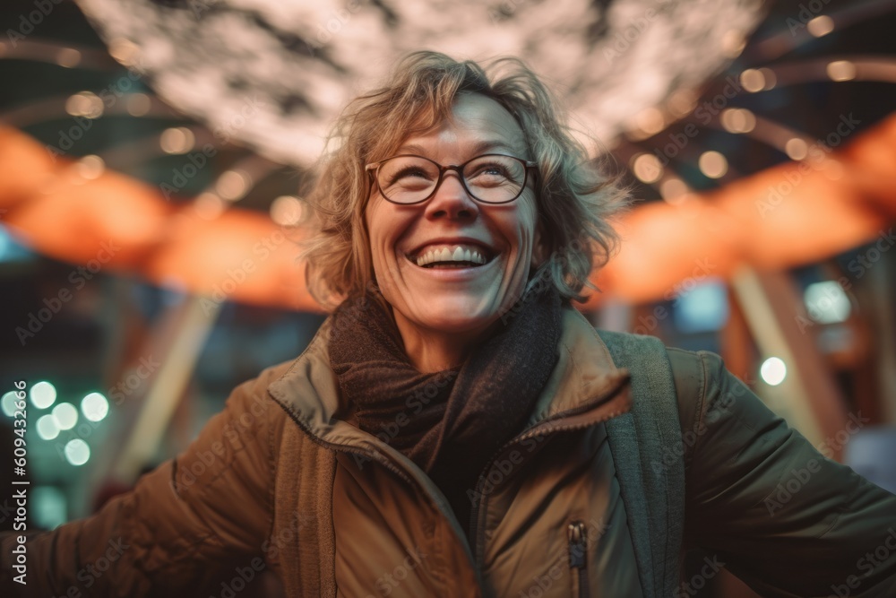 Portrait of smiling senior woman with eyeglasses at Christmas market