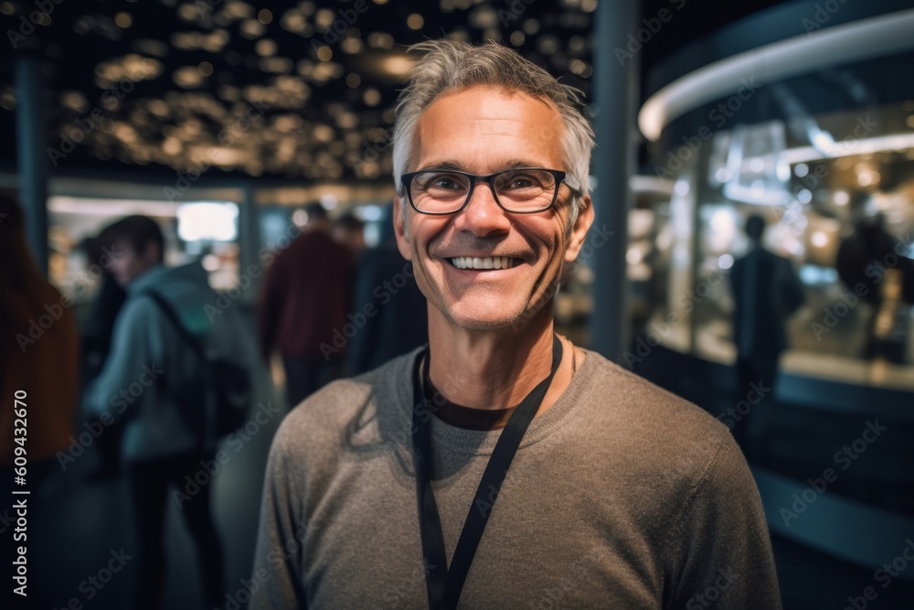 Portrait of handsome man with eyeglasses smiling at camera in museum Portrait of handsome man with eyeglasses smiling at camera in museum