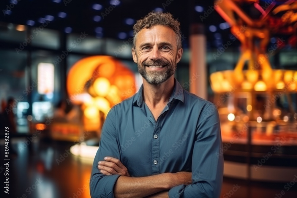 Medium shot portrait photography of a grinning man in his 40s that is wearing a trendy jumpsuit against an interactive science museum with hands-on exhibits background . Generative AI