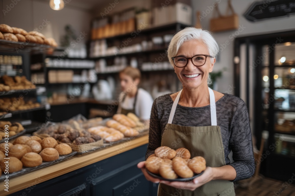 Medium shot portrait photography of a grinning woman in her 40s that is wearing a chic cardigan against a busy bakery with freshly baked goods and bakers at work background . Generative AI Medium shot portrait photography of a grinning woman in her 40s that is wearing a chic cardigan against a busy bakery with freshly baked goods and bakers at work background . Generative AI