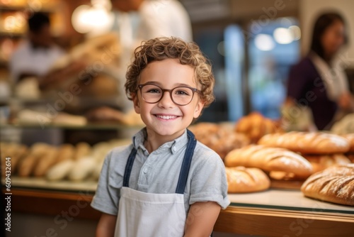 Close-up portrait photography of a pleased child male that is wearing a simple tunic against a busy bakery with freshly baked goods and bakers at work background . Generative AI