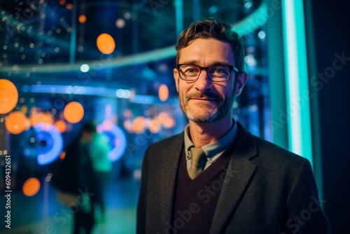 Portrait of a handsome businessman with glasses in front of a night city