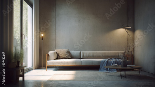 Background interior of living room with light colored concrete walls, sofa, and table. 