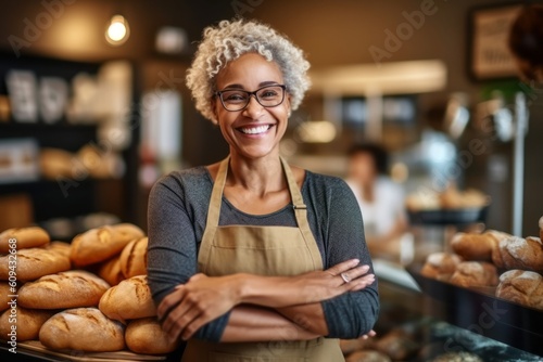 Medium shot portrait photography of a grinning woman in her 40s that is wearing a chic cardigan against a busy bakery with freshly baked goods and bakers at work background . Generative AI