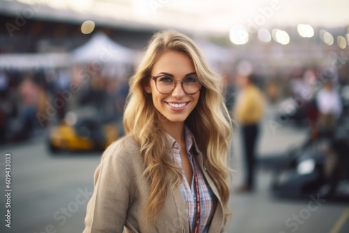 Portrait of a beautiful woman with long blond hair and glasses in the city.