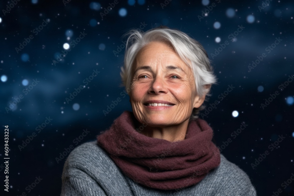 Portrait of a beautiful senior woman on a dark background with snow Portrait of a beautiful senior woman on a dark background with snow