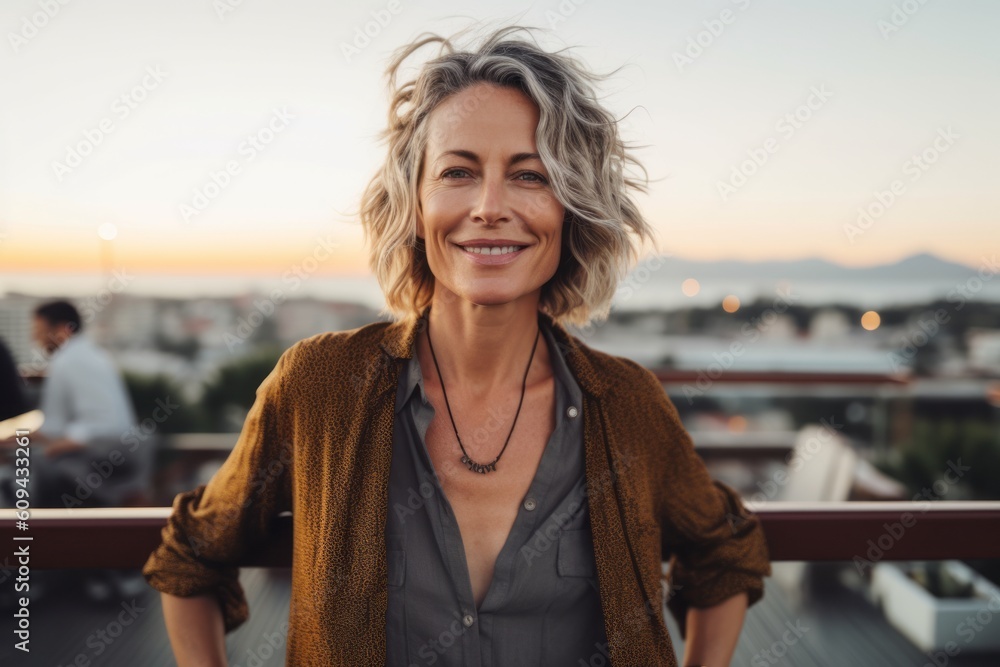 Medium shot portrait photography of a pleased woman in her 40s that is wearing a chic cardigan against a luxurious rooftop pool party with stunning views background . Generative AI