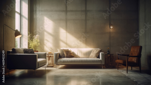 Background interior of living room with light colored concrete walls, sofa, and table. 