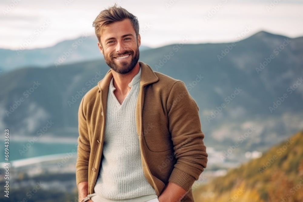 Handsome young man in casual clothes is smiling and looking at camera while standing on the top of the mountain. Handsome young man in casual clothes is smiling and looking at camera while standing on the top of the mountain.