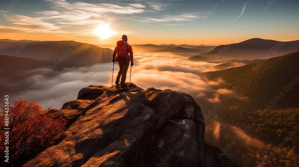 Hiker stands at the summit of a difficult mountain climb to be greeted with a beautiful view of the sunrise.