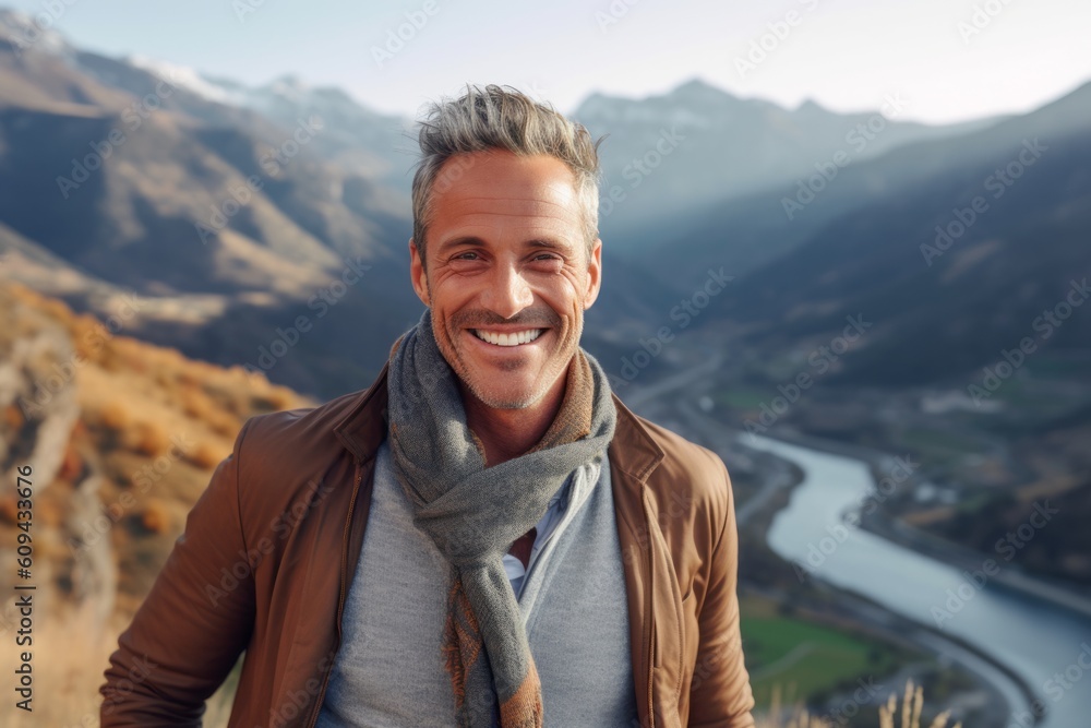Medium shot portrait photography of a grinning man in his 40s that is wearing a chic cardigan against a scenic mountain hike with breathtaking views background . Generative AI Medium shot portrait photography of a grinning man in his 40s that is wearing a chic cardigan against a scenic mountain hike with breathtaking views background . Generative AI