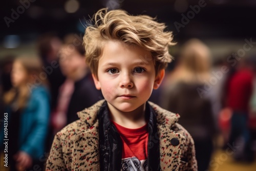 Portrait of a cute little boy with blond curly hair in a coat