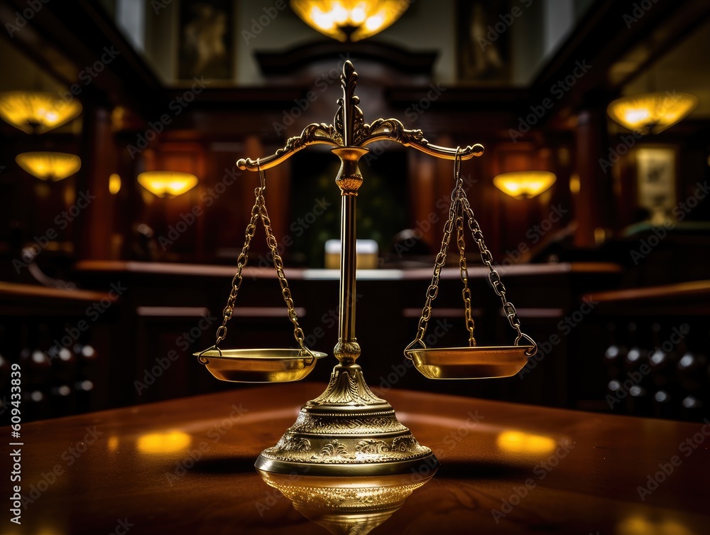 Court Scale Part Scales of justice in the dark court hall. Law concept of Judiciary ...