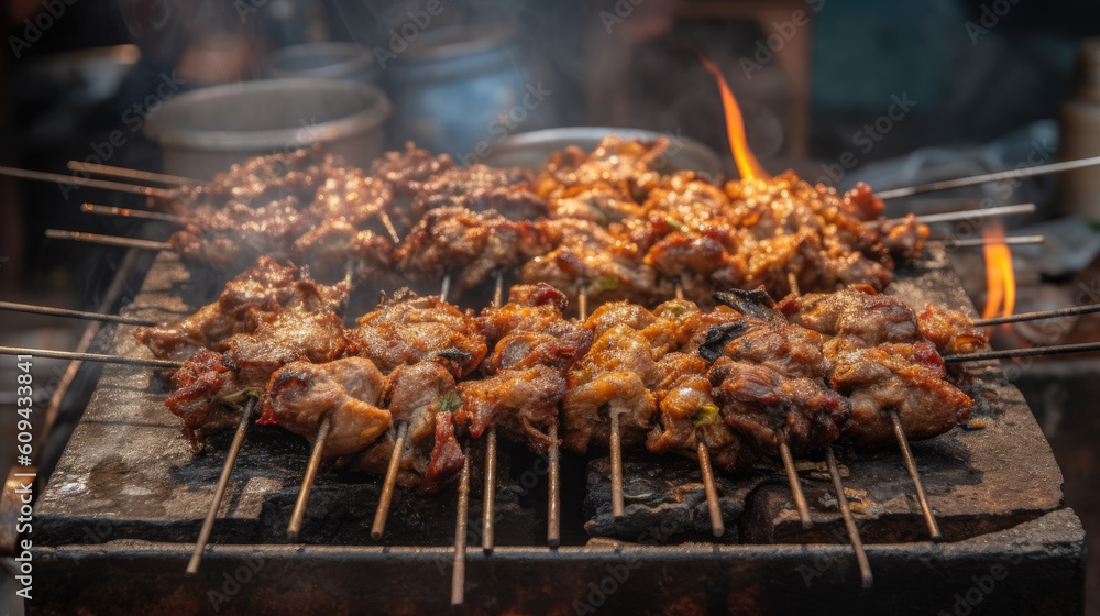 Close up Grill Lamb or Chicken street food in ancient old town