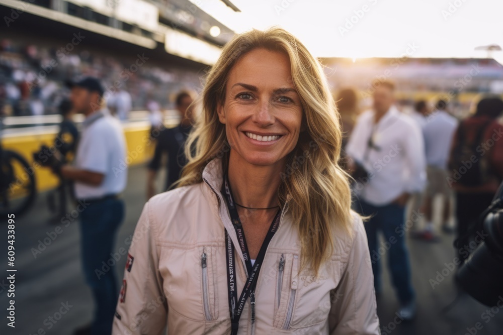 Portrait of beautiful woman smiling at camera while standing in the stadium Portrait of beautiful woman smiling at camera while standing in the stadium