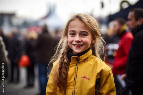 Portrait of a cute little girl in a yellow jacket on the street