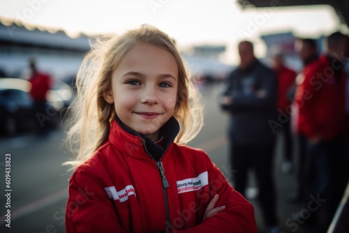 Medium shot portrait photography of a satisfied child female that is wearing a chic cardigan against an exciting race car event with pit crews working background . Generative AI