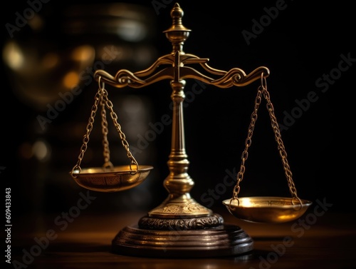Scales of justice in the dark court hall. Law concept of Judiciary, Jurisprudence and Justice. Copy space.