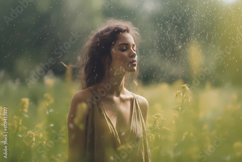 Woman embracing the peacefulness of a warm spring rain (Generative AI)