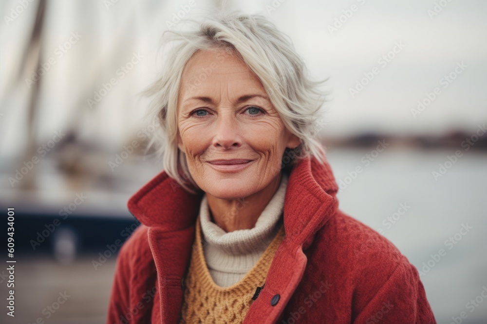 Portrait of a beautiful senior woman in a red coat on the pier Portrait of a beautiful senior woman in a red coat on the pier