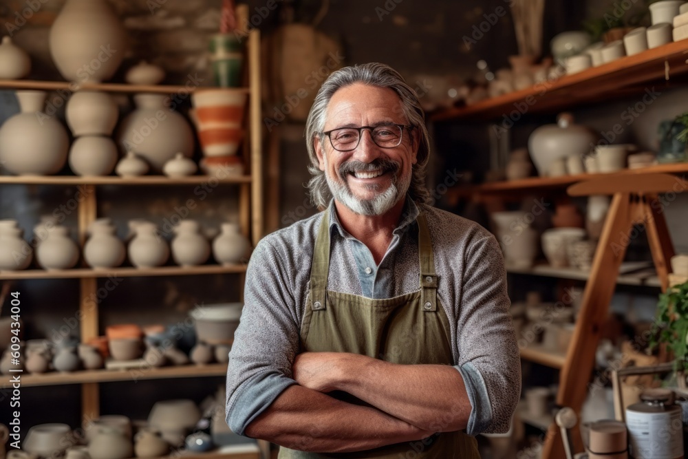 Portrait of smiling mature potter standing with arms crossed in pottery workshop Portrait of smiling mature potter standing with arms crossed in pottery workshop