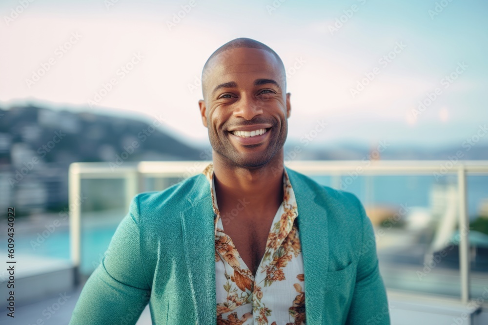 Portrait of a smiling african american man standing on rooftop Portrait of a smiling african american man standing on rooftop