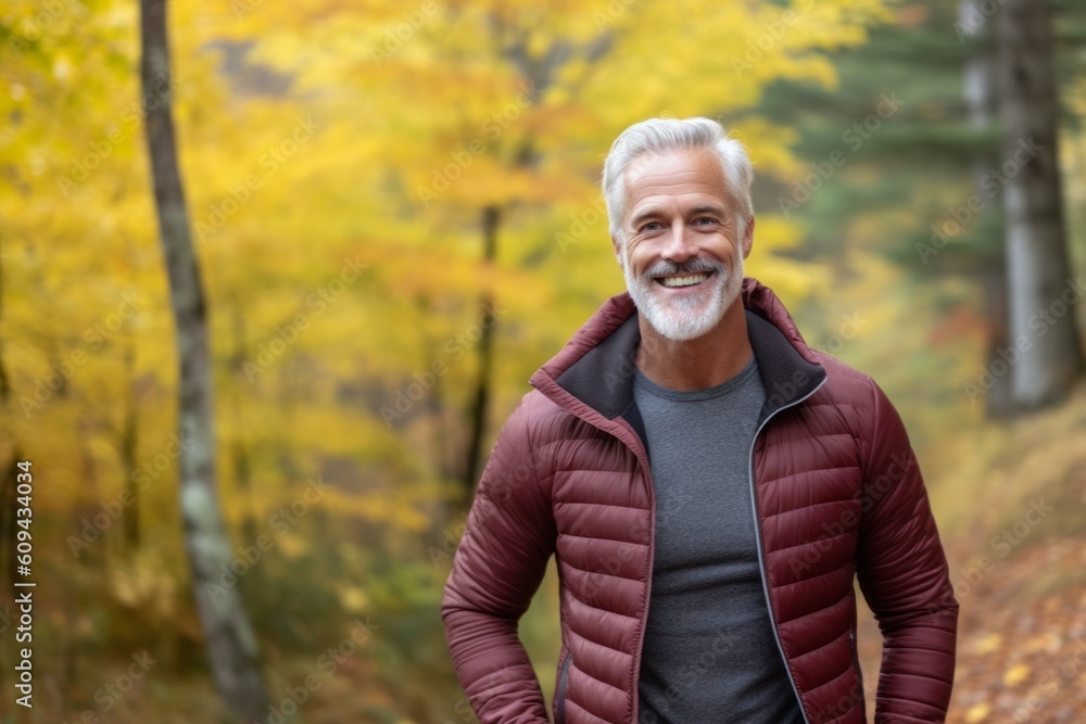 Portrait of a smiling senior man standing outdoors in autumn forest. Portrait of a smiling senior man standing outdoors in autumn forest.