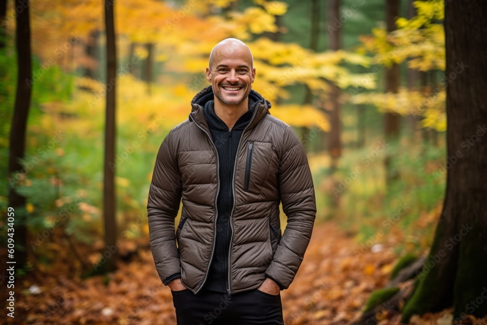 Portrait of a handsome bald man smiling in the autumn forest.