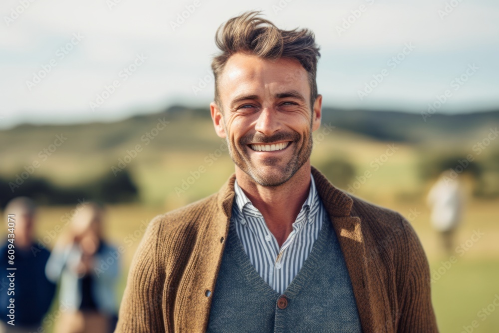 Medium shot portrait photography of a grinning man in his 30s that is wearing a chic cardigan against a scenic countryside picnic with friends and family background . Generative AI