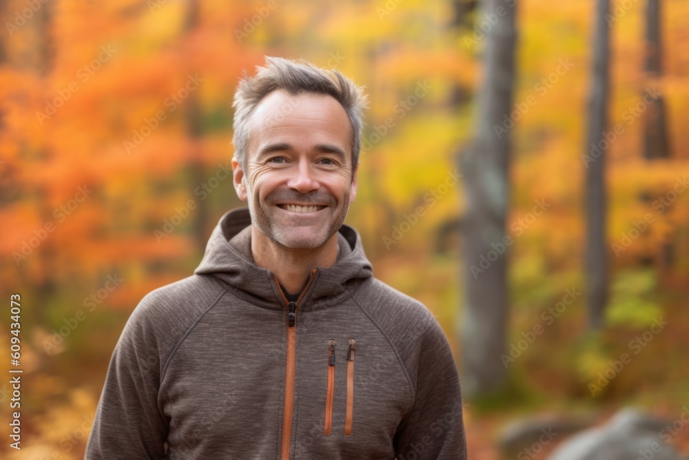 Portrait of a handsome middle-aged man smiling in an autumn forest Portrait of a handsome middle-aged man smiling in an autumn forest