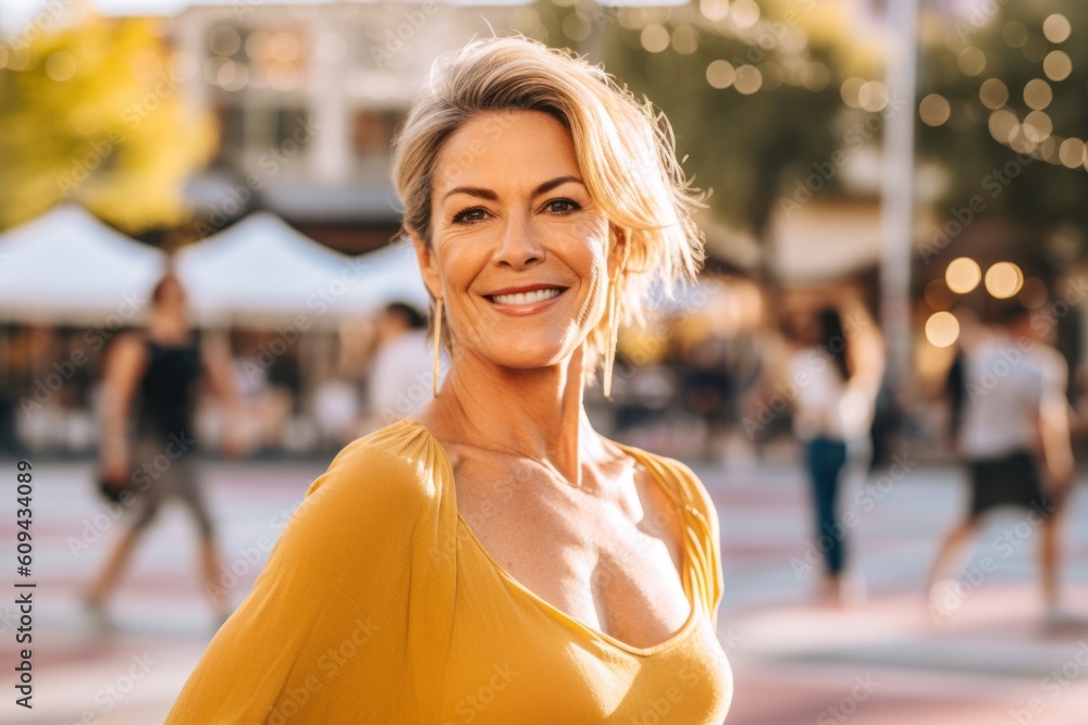 Medium shot portrait photography of a pleased woman in her 40s that is wearing a chic cardigan against a lively open-air salsa dance class in a city square background . Generative AI