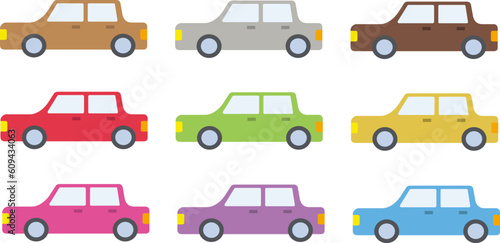 セダンタイプの自動車のシンプルなイラストセット