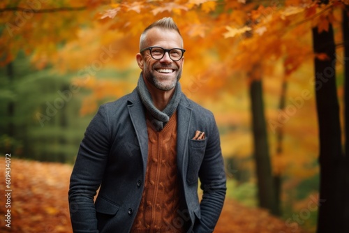 Portrait of a smiling middle-aged man in the autumn forest