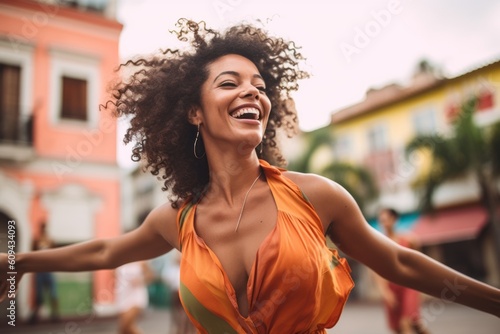 Medium shot portrait photography of a pleased woman in her 30s that is wearing a trendy jumpsuit against a lively open-air salsa dance class in a city square background . Generative AI