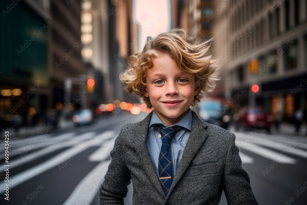 Fototapeta premium Portrait of a little boy in a business suit on the street