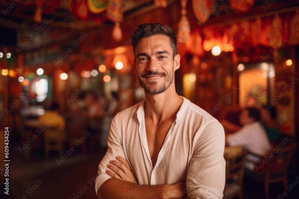 Portrait of a handsome young man standing with arms crossed in a restaurant. Portrait of a handsome young man standing with arms crossed in a restaurant.