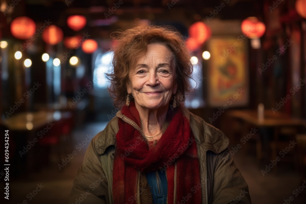 Portrait of a smiling senior woman standing in a restaurant at night