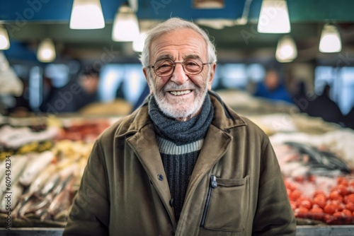 Portrait of senior man at fish market in Barcelona, Spain.