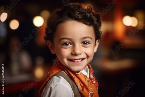 Portrait of a smiling little boy in a cafe or restaurant.
